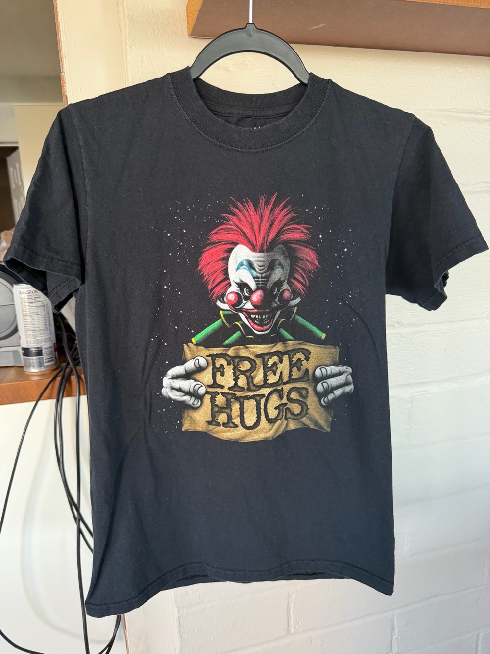 Black Short Sleeve Tee with Red Clown Graphic - Free Hugs